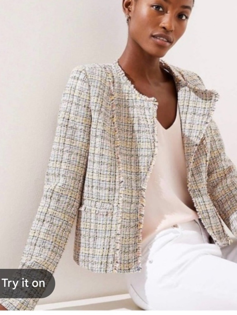 LOFT Frayed Tweed Blazer Jacket Women’s Size 10 Pastel Open Front Boucle